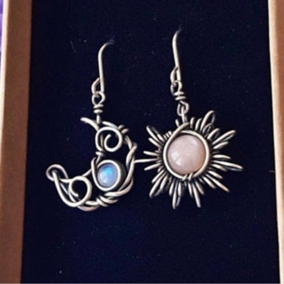 Bohemian Astrology Sun Moon Silver Wire Wrapped Celestial Stone Mismatch Dangles - Picture 4 of 16